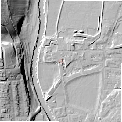 Shaded relief map of the ground around DE13RR, computed from Environment Agency LiDAR. The ground here sits at about 48 m above sea level and falls 33 m across the surrounding 800 m. Surface water reaching this point runs off ground lying to the east-south-east, 2.7 m higher.