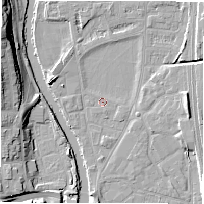 Shaded relief map of the ground around DE13RS, computed from Environment Agency LiDAR. The ground here sits at about 47 m above sea level and falls 23 m across the surrounding 800 m. Surface water reaching this point runs off ground lying to the east, 7.5 m higher.