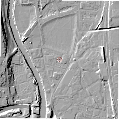 Shaded relief map of the ground around DE13RT, computed from Environment Agency LiDAR. The ground here sits at about 46 m above sea level and falls 18 m across the surrounding 800 m. Surface water reaching this point runs off ground lying to the east, 7.5 m higher.