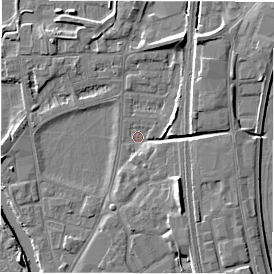Shaded relief map of the ground around DE13RU, computed from Environment Agency LiDAR. The ground here sits at about 46 m above sea level and falls 9 m across the surrounding 800 m. Surface water reaching this point runs off ground lying to the south-west, 1.6 m higher.