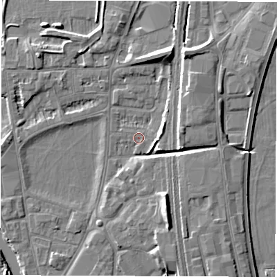 Shaded relief map of the ground around DE13RW, computed from Environment Agency LiDAR. The ground here sits at about 47 m above sea level and falls 9 m across the surrounding 800 m. Surface water reaching this point runs off ground lying to the north-north-east, 7.1 m higher.