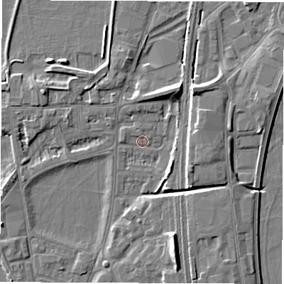 Shaded relief map of the ground around DE13RX, computed from Environment Agency LiDAR. The ground here sits at about 47 m above sea level and falls 9 m across the surrounding 800 m. Surface water reaching this point runs off ground lying to the west-north-west, 4.2 m higher.