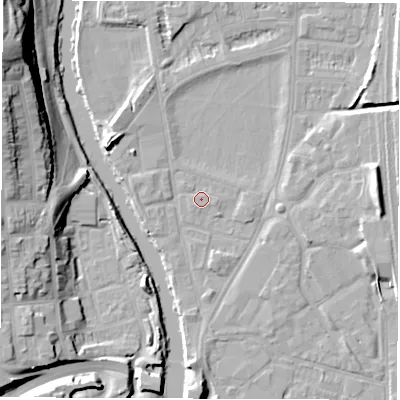 Shaded relief map of the ground around DE13RY, computed from Environment Agency LiDAR. The ground here sits at about 47 m above sea level and falls 25 m across the surrounding 800 m. Surface water reaching this point runs off ground lying to the east, 7.1 m higher.