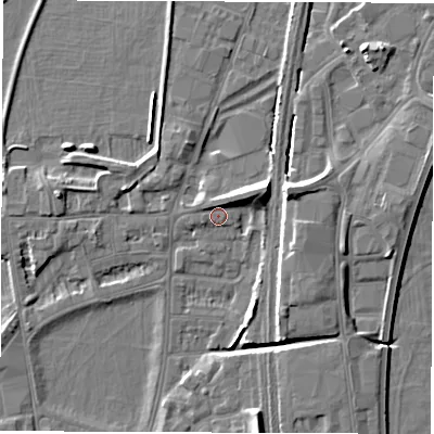 Shaded relief map of the ground around DE13RZ, computed from Environment Agency LiDAR. The ground here sits at about 48 m above sea level and falls 8 m across the surrounding 800 m. Surface water reaching this point runs off ground lying to the east-north-east, 4.9 m higher.