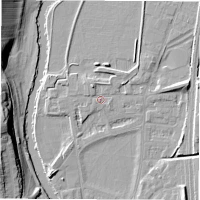 Shaded relief map of the ground around DE13SA, computed from Environment Agency LiDAR. The ground here sits at about 48 m above sea level and falls 24 m across the surrounding 800 m. Surface water reaching this point runs off ground lying to the north-north-west, 2.8 m higher.