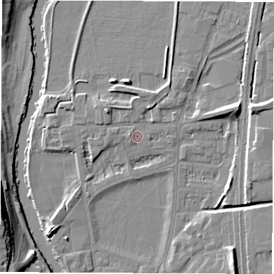 Shaded relief map of the ground around DE13SB, computed from Environment Agency LiDAR. The ground here sits at about 48 m above sea level and falls 17 m across the surrounding 800 m. Surface water reaching this point runs off ground lying to the west-north-west, 1.1 m higher.