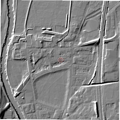 Shaded relief map of the ground around DE13SD, computed from Environment Agency LiDAR. The ground here sits at about 47 m above sea level and falls 11 m across the surrounding 800 m. Surface water reaching this point runs off ground lying to the west, 2.9 m higher.