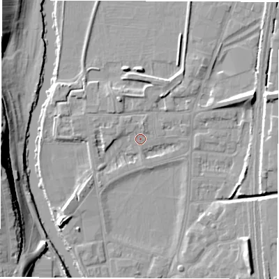 Shaded relief map of the ground around DE13SE, computed from Environment Agency LiDAR. The ground here sits at about 47 m above sea level and falls 21 m across the surrounding 800 m. Surface water reaching this point runs off ground lying to the west, 2.9 m higher.