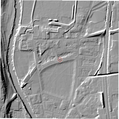Shaded relief map of the ground around DE13SF, computed from Environment Agency LiDAR. The ground here sits at about 47 m above sea level and falls 17 m across the surrounding 800 m. Surface water reaching this point runs off ground lying to the west-north-west, 1.5 m higher.