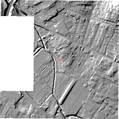 Shaded relief map of the ground around DE13SP, computed from Environment Agency LiDAR. The ground here sits at about 54 m above sea level and falls 27 m across the surrounding 800 m. Surface water reaching this point runs off ground lying to the north-north-east, 6.1 m higher.