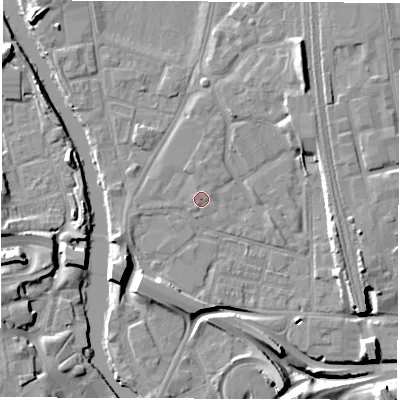 Shaded relief map of the ground around DE13TB, computed from Environment Agency LiDAR. The ground here sits at about 47 m above sea level and falls 14 m across the surrounding 800 m. Surface water reaching this point runs off ground lying to the north-north-west, 0.5 m higher.