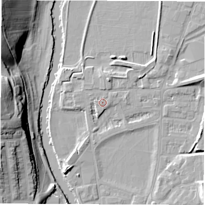 Shaded relief map of the ground around DE13TD, computed from Environment Agency LiDAR. The ground here sits at about 48 m above sea level and falls 29 m across the surrounding 800 m. The ground contributing surface water to this point lies to the north-north-east.