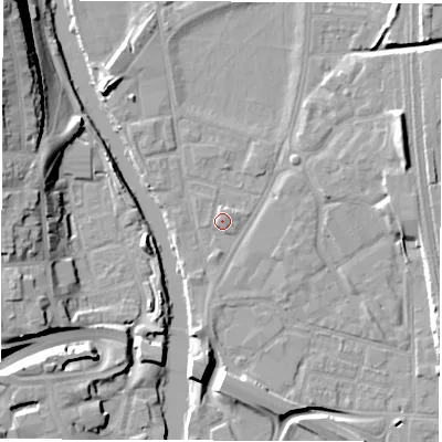 Shaded relief map of the ground around DE13TF, computed from Environment Agency LiDAR. The ground here sits at about 48 m above sea level and falls 22 m across the surrounding 800 m. Surface water reaching this point runs off ground lying to the south, 2.7 m higher.
