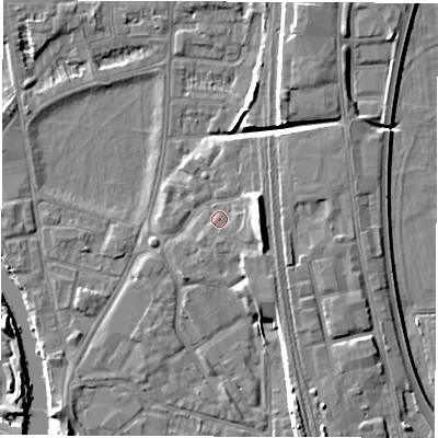 Shaded relief map of the ground around DE13TG, computed from Environment Agency LiDAR. The ground here sits at about 48 m above sea level and falls 8 m across the surrounding 800 m. Surface water reaching this point runs off ground lying to the east, 1.1 m higher.