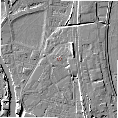 Shaded relief map of the ground around DE13TH, computed from Environment Agency LiDAR. The ground here sits at about 48 m above sea level and falls 8 m across the surrounding 800 m. Surface water reaching this point runs off ground lying to the west-south-west, 0.7 m higher.
