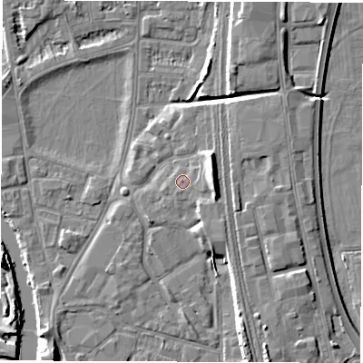 Shaded relief map of the ground around DE13TJ, computed from Environment Agency LiDAR. The ground here sits at about 48 m above sea level and falls 8 m across the surrounding 800 m. Surface water reaching this point runs off ground lying to the east, 4.5 m higher.