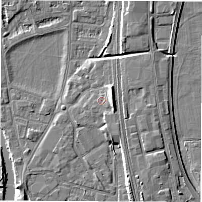 Shaded relief map of the ground around DE13TL, computed from Environment Agency LiDAR. The ground here sits at about 48 m above sea level and falls 8 m across the surrounding 800 m. Surface water reaching this point runs off ground lying to the east, 4.4 m higher.