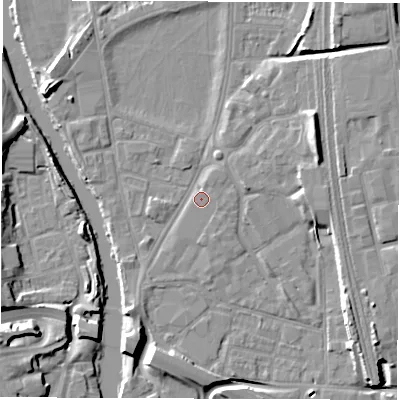 Shaded relief map of the ground around DE13TN, computed from Environment Agency LiDAR. The ground here sits at about 47 m above sea level and falls 11 m across the surrounding 800 m. Surface water reaching this point runs off ground lying to the south-south-west, 2.6 m higher.
