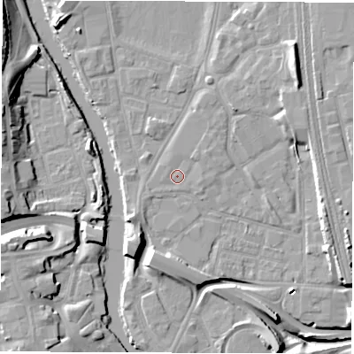 Shaded relief map of the ground around DE13TP, computed from Environment Agency LiDAR. The ground here sits at about 47 m above sea level and falls 18 m across the surrounding 800 m. Surface water reaching this point runs off ground lying to the west-south-west, 0.7 m higher.