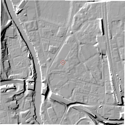 Shaded relief map of the ground around DE13TQ, computed from Environment Agency LiDAR. The ground here sits at about 47 m above sea level and falls 16 m across the surrounding 800 m. Surface water reaching this point runs off ground lying to the east-north-east, 0.8 m higher.