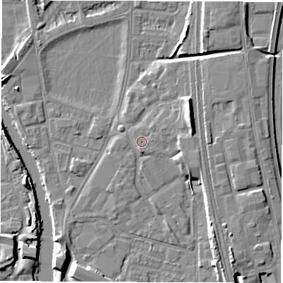 Shaded relief map of the ground around DE13TS, computed from Environment Agency LiDAR. The ground here sits at about 48 m above sea level and falls 8 m across the surrounding 800 m. Surface water reaching this point runs off ground lying to the east-north-east, 0.7 m higher.