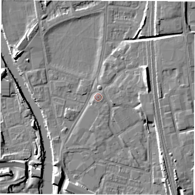 Shaded relief map of the ground around DE13TT, computed from Environment Agency LiDAR. The ground here sits at about 48 m above sea level and falls 9 m across the surrounding 800 m. Surface water reaching this point runs off ground lying to the south-south-west, 2.7 m higher.