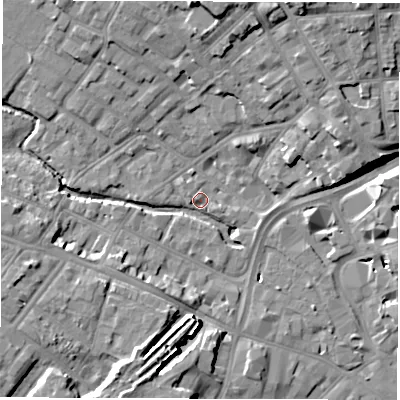 Shaded relief map of the ground around DE13UA, computed from Environment Agency LiDAR. The ground here sits at about 50 m above sea level and falls 15 m across the surrounding 800 m. Surface water reaching this point runs off ground lying to the west-south-west, 9.9 m higher.