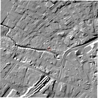 Shaded relief map of the ground around DE13UB, computed from Environment Agency LiDAR. The ground here sits at about 49 m above sea level and falls 15 m across the surrounding 800 m. Surface water reaching this point runs off ground lying to the west-south-west, 9.9 m higher.