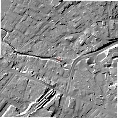 Shaded relief map of the ground around DE13UE, computed from Environment Agency LiDAR. The ground here sits at about 50 m above sea level and falls 14 m across the surrounding 800 m. Surface water reaching this point runs off ground lying to the west-south-west, 9.9 m higher.