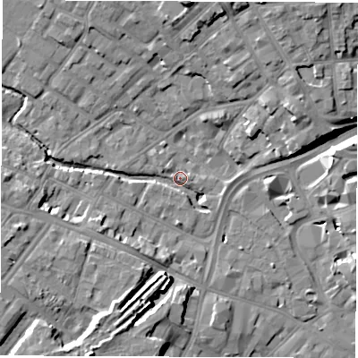 Shaded relief map of the ground around DE13UF, computed from Environment Agency LiDAR. The ground here sits at about 49 m above sea level and falls 14 m across the surrounding 800 m. Surface water reaching this point runs off ground lying to the west-south-west, 9.9 m higher.