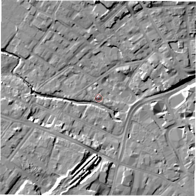 Shaded relief map of the ground around DE13UG, computed from Environment Agency LiDAR. The ground here sits at about 50 m above sea level and falls 15 m across the surrounding 800 m. Surface water reaching this point runs off ground lying to the west-south-west, 9.9 m higher.