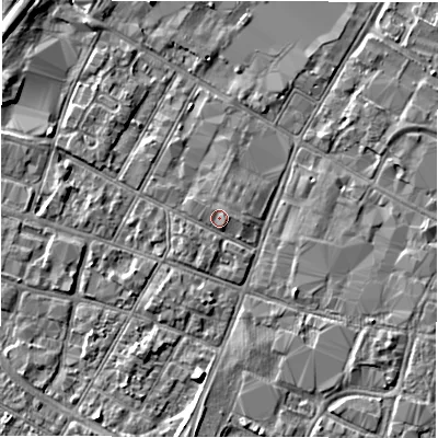 Shaded relief map of the ground around DE141AA, computed from Environment Agency LiDAR. The ground here sits at about 46 m above sea level and falls 4 m across the surrounding 800 m. Surface water reaching this point runs off ground lying to the east, 0.8 m higher.