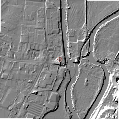 Shaded relief map of the ground around DE141AB, computed from Environment Agency LiDAR. The ground here sits at about 46 m above sea level and falls 15 m across the surrounding 800 m. Surface water reaching this point runs off ground lying to the south, 3.0 m higher.