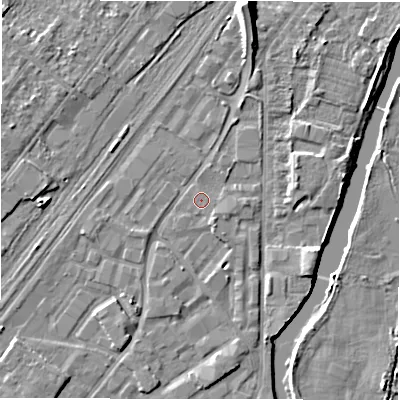 Shaded relief map of the ground around DE141AE, computed from Environment Agency LiDAR. The ground here sits at about 45 m above sea level and falls 10 m across the surrounding 800 m. Surface water reaching this point runs off ground lying to the east-south-east, 1.0 m higher.