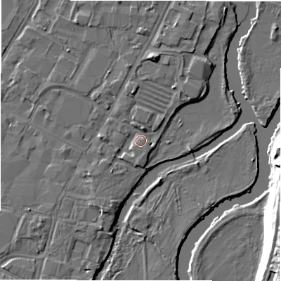 Shaded relief map of the ground around DE141AH, computed from Environment Agency LiDAR. The ground here sits at about 46 m above sea level and falls 15 m across the surrounding 800 m. Surface water reaching this point runs off ground lying to the south-west, 2.0 m higher.