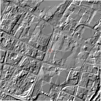 Shaded relief map of the ground around DE141AJ, computed from Environment Agency LiDAR. The ground here sits at about 45 m above sea level and falls 8 m across the surrounding 800 m. Surface water reaching this point runs off ground lying to the south-south-west, 3.4 m higher.