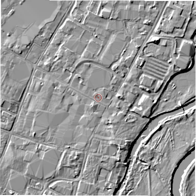 Shaded relief map of the ground around DE141AN, computed from Environment Agency LiDAR. The ground here sits at about 46 m above sea level and falls 5 m across the surrounding 800 m. The ground contributing surface water to this point lies to the north-west.