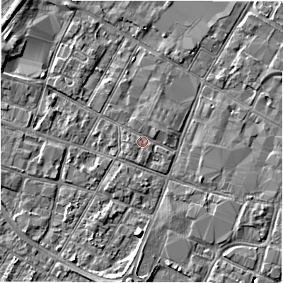 Shaded relief map of the ground around DE141AP, computed from Environment Agency LiDAR. The ground here sits at about 46 m above sea level and falls 7 m across the surrounding 800 m. Surface water reaching this point runs off ground lying to the north-east, 0.9 m higher.