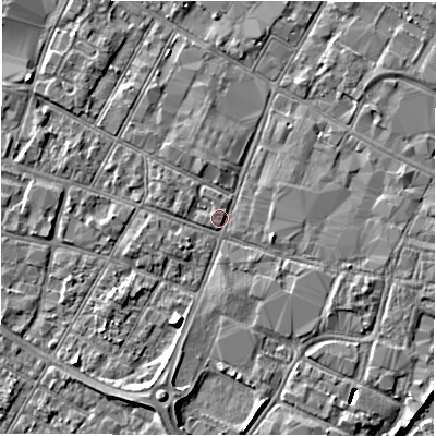 Shaded relief map of the ground around DE141AQ, computed from Environment Agency LiDAR. The ground here sits at about 46 m above sea level and falls 8 m across the surrounding 800 m. Surface water reaching this point runs off ground lying to the south-south-west, 3.4 m higher.