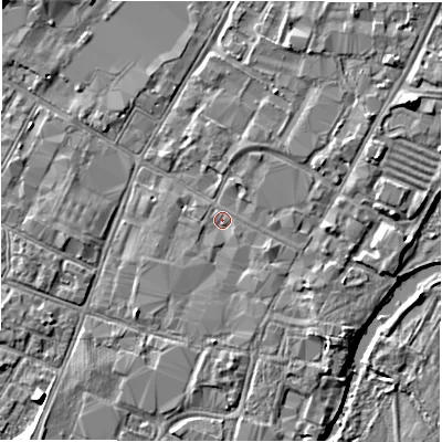 Shaded relief map of the ground around DE141AU, computed from Environment Agency LiDAR. The ground here sits at about 45 m above sea level and falls 4 m across the surrounding 800 m. Surface water reaching this point runs off ground lying to the south-south-east, 1.3 m higher.