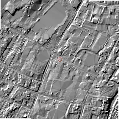 Shaded relief map of the ground around DE141AX, computed from Environment Agency LiDAR. The ground here sits at about 45 m above sea level and falls 4 m across the surrounding 800 m. Surface water reaching this point runs off ground lying to the south-south-east, 1.6 m higher.