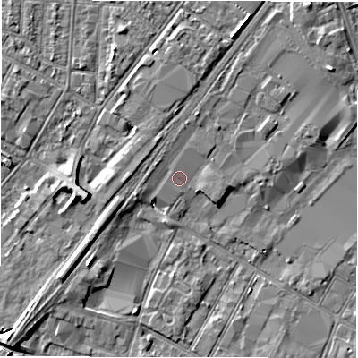Shaded relief map of the ground around DE141AZ, computed from Environment Agency LiDAR. The ground here sits at about 46 m above sea level and falls 6 m across the surrounding 800 m. Surface water reaching this point runs off ground lying to the north-north-east, 1.2 m higher.