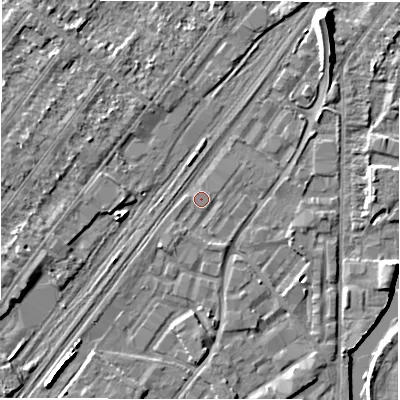 Shaded relief map of the ground around DE141BB, computed from Environment Agency LiDAR. The ground here sits at about 45 m above sea level and falls 9 m across the surrounding 800 m. Surface water reaching this point runs off ground lying to the south-south-east, 1.0 m higher.
