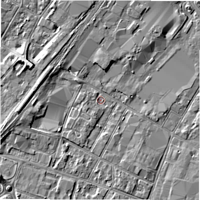 Shaded relief map of the ground around DE141BD, computed from Environment Agency LiDAR. The ground here sits at about 45 m above sea level and falls 6 m across the surrounding 800 m. Surface water reaching this point runs off ground lying to the south-south-west, 1.2 m higher.