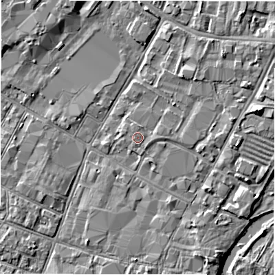 Shaded relief map of the ground around DE141BF, computed from Environment Agency LiDAR. The ground here sits at about 46 m above sea level and falls 4 m across the surrounding 800 m. The ground contributing surface water to this point lies to the west-south-west.