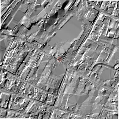 Shaded relief map of the ground around DE141BG, computed from Environment Agency LiDAR. The ground here sits at about 45 m above sea level and falls 3 m across the surrounding 800 m. Surface water reaching this point runs off ground lying to the north-north-west, 1.0 m higher.
