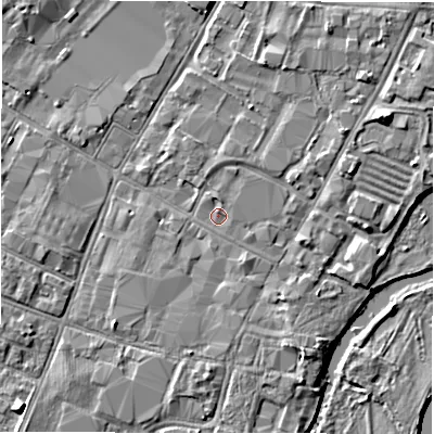 Shaded relief map of the ground around DE141BH, computed from Environment Agency LiDAR. The ground here sits at about 46 m above sea level and falls 5 m across the surrounding 800 m. Surface water reaching this point runs off ground lying to the north, 0.7 m higher.