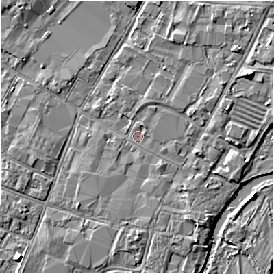 Shaded relief map of the ground around DE141BJ, computed from Environment Agency LiDAR. The ground here sits at about 45 m above sea level and falls 5 m across the surrounding 800 m. Surface water reaching this point runs off ground lying to the north-north-east, 0.8 m higher.