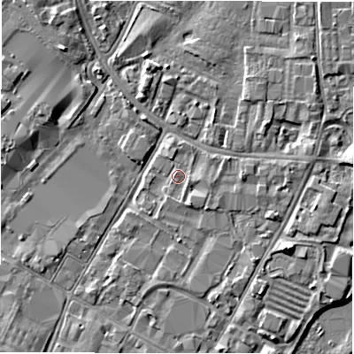 Shaded relief map of the ground around DE141BL, computed from Environment Agency LiDAR. The ground here sits at about 45 m above sea level and falls 4 m across the surrounding 800 m. Surface water reaching this point runs off ground lying to the south-south-east, 1.4 m higher.