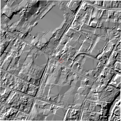 Shaded relief map of the ground around DE141BN, computed from Environment Agency LiDAR. The ground here sits at about 45 m above sea level and falls 4 m across the surrounding 800 m. Surface water reaching this point runs off ground lying to the south-south-east, 1.6 m higher.
